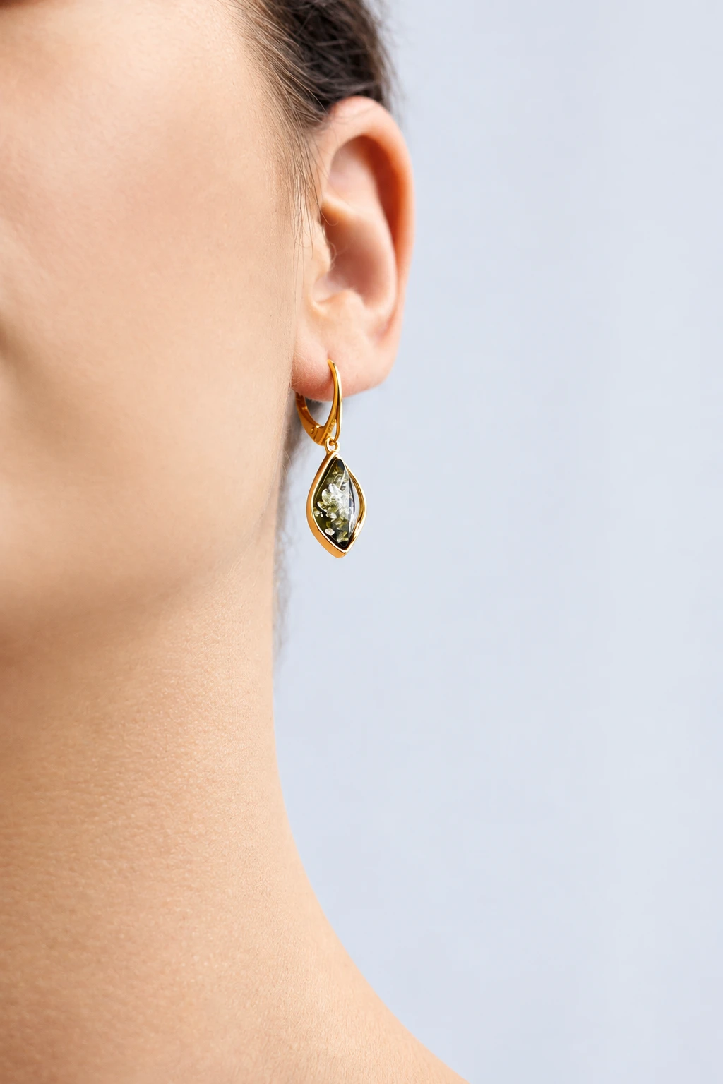 Celine earrings in gold with green amber, Gold-plated, Amber, Amber earrings