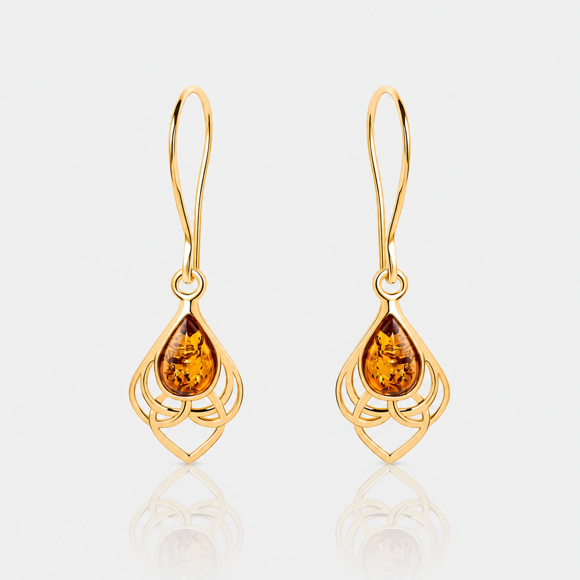 Connection gold earrings with amber, Gold-plated, Amber, Amber earrings