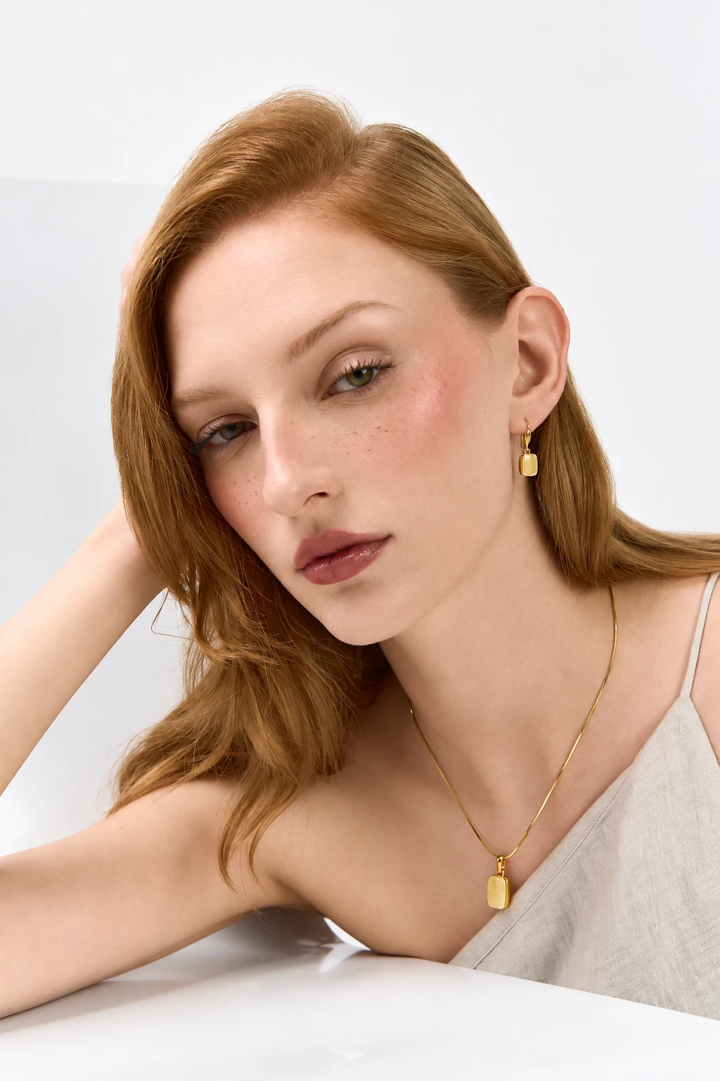 Crème rectangle gold necklace, Gold-plated, Amber, Amber necklaces