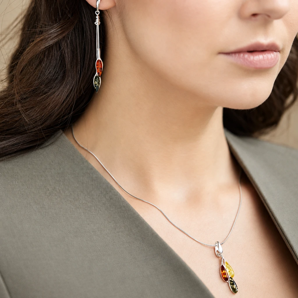 Silver earrings with cognac and green amber, Silver, Amber, Amber earrings