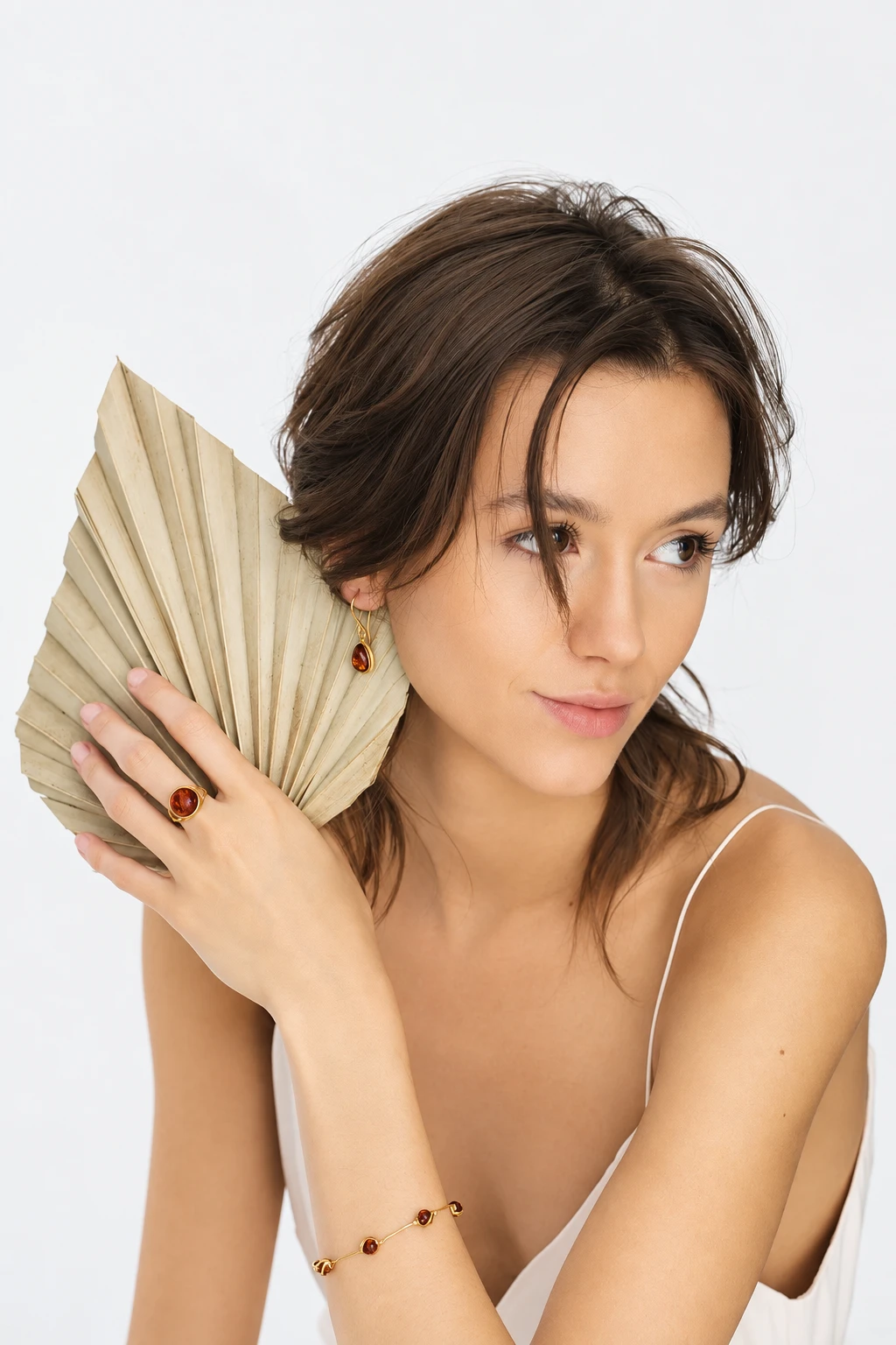 Florence gold earrings with cognac amber, Gold-plated, Amber, Amber earrings