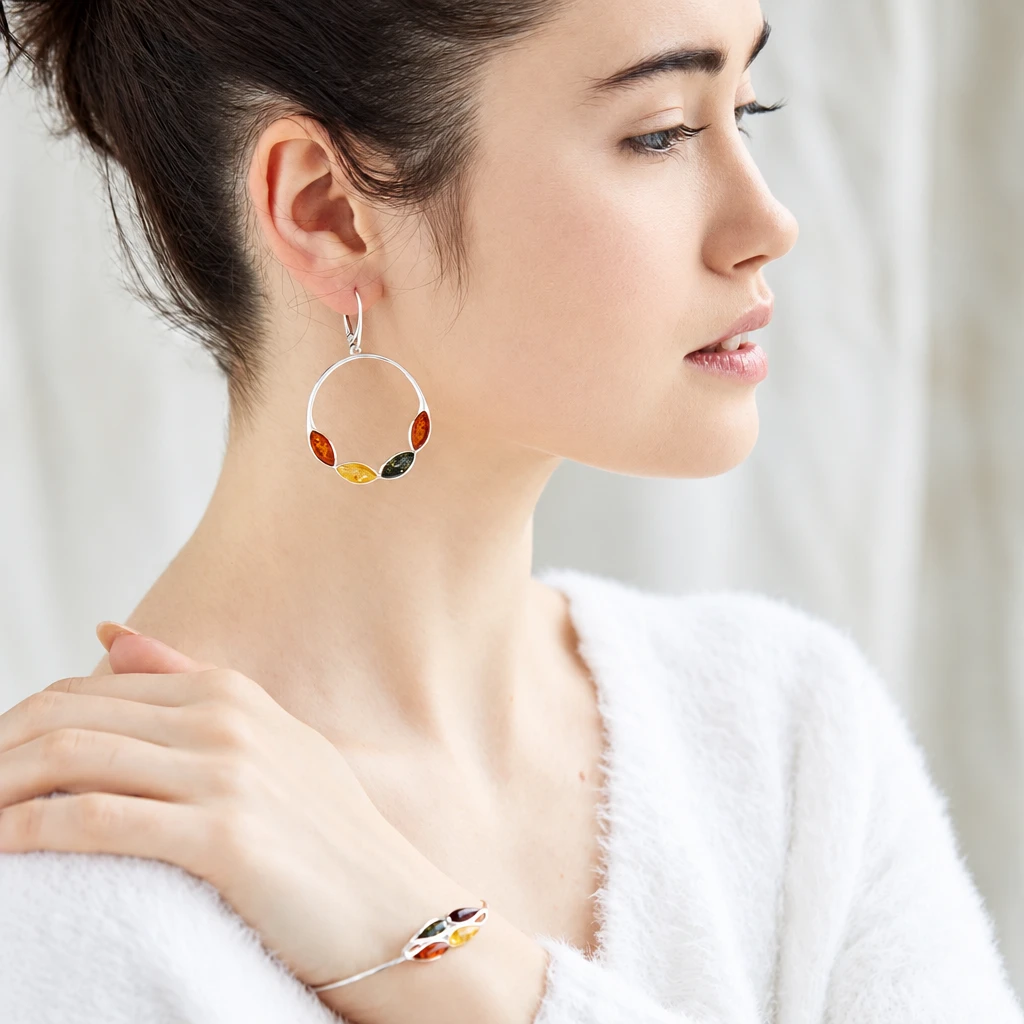 Silver hanging earrings with multi-coloured amber, Silver, Amber, Amber earrings
