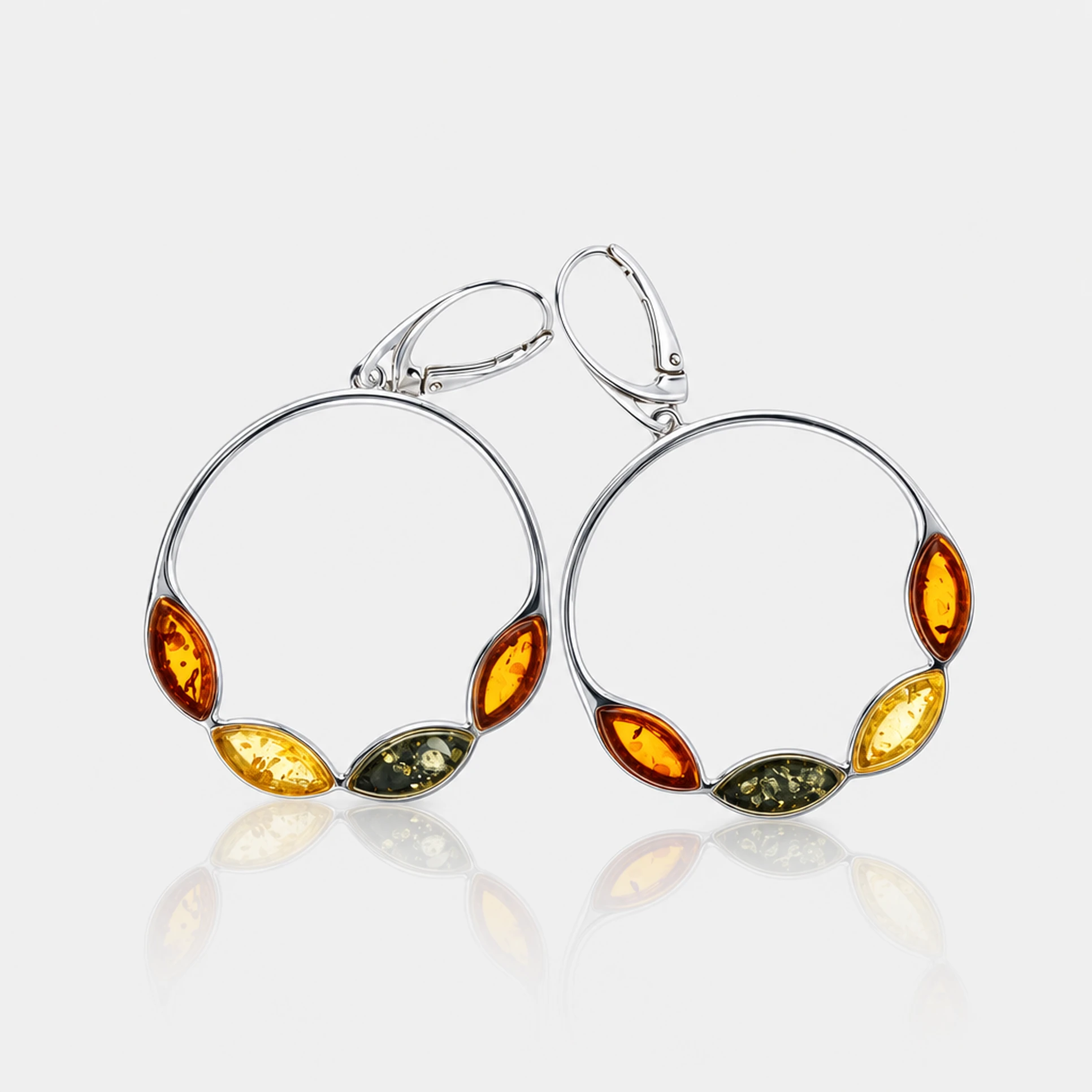 Silver hanging earrings with multi-coloured amber, Silver, Amber, Amber earrings
