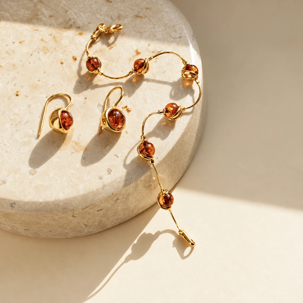 Grace earrings in gold with cognac amber, Gold-plated, Amber, Amber earrings