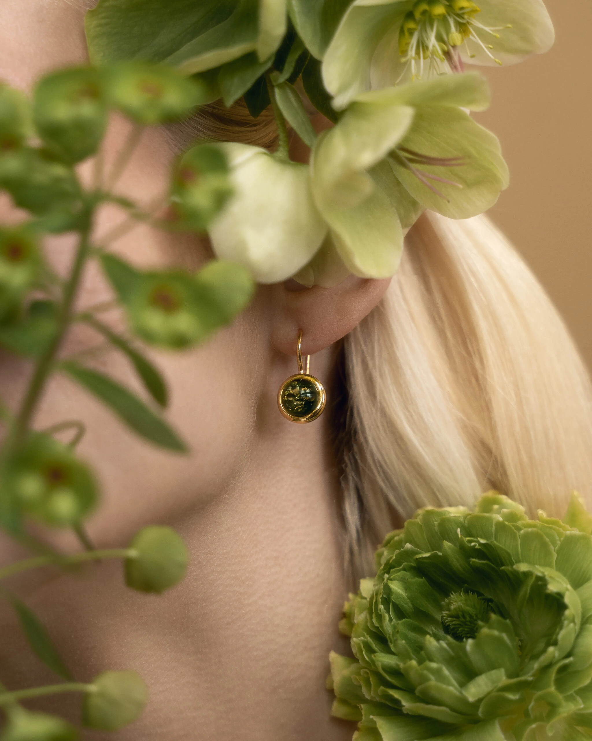 Thumbnail of Grace earrings in gold with green amber