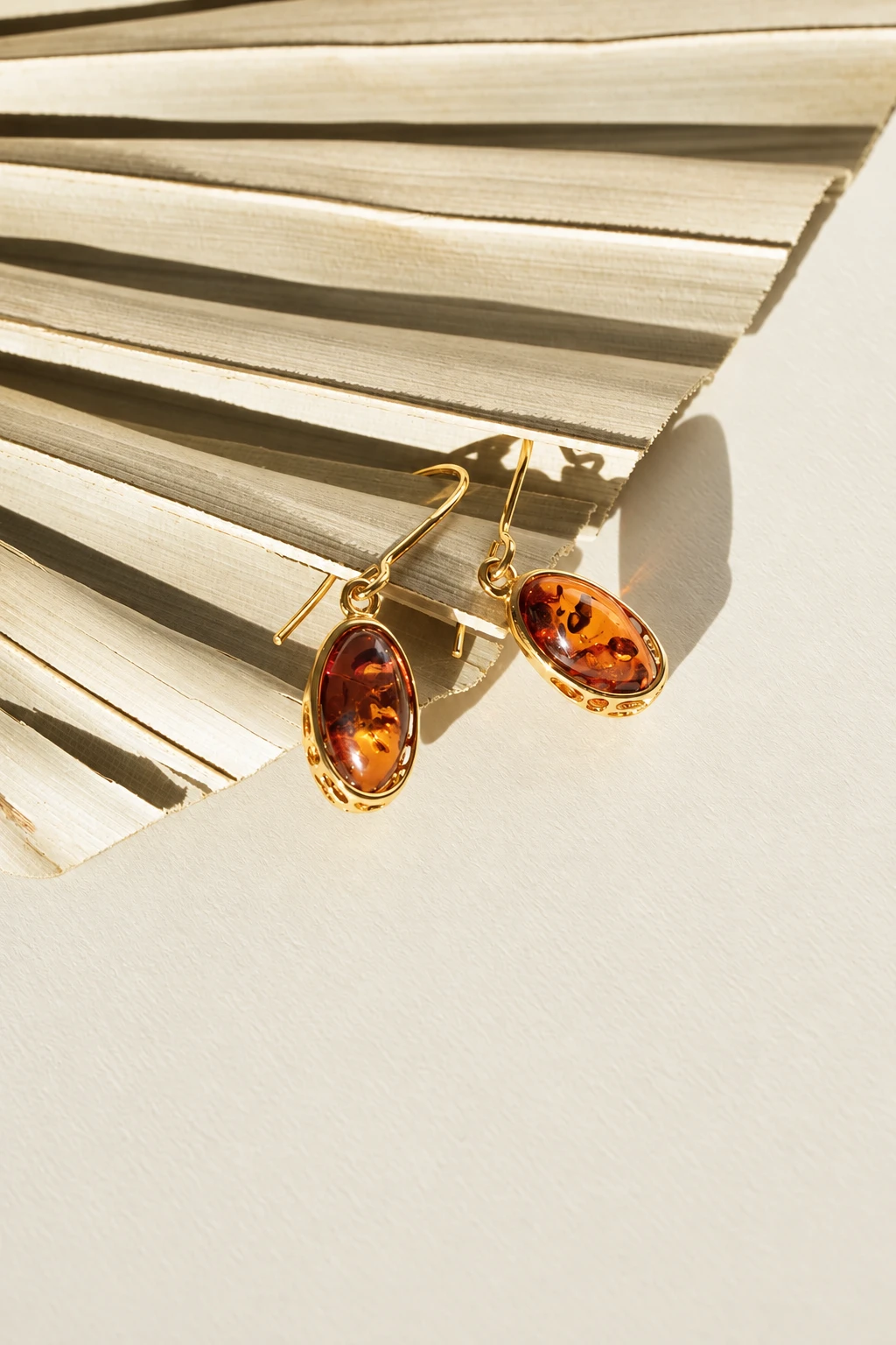 Harmony gold earrings with cognac amber, Gold-plated, Amber, Amber earrings
