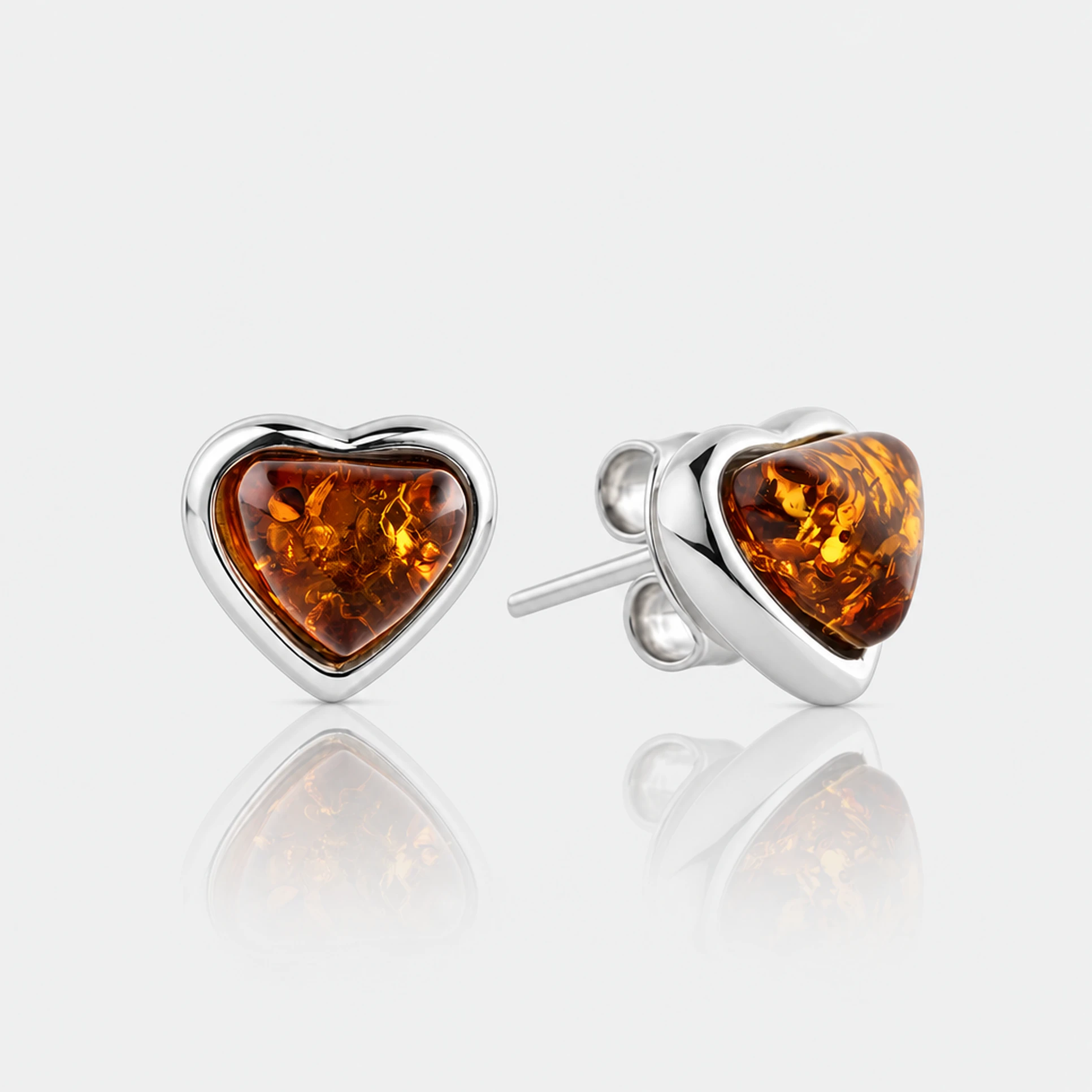 Amber heart earrings, Silver, Amber, Amber earrings