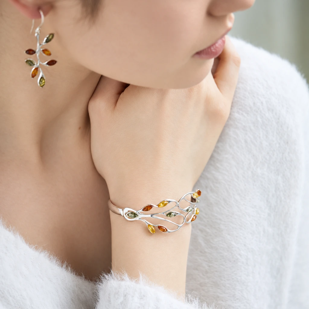 Leaf silver cuff bracelet, Silver, Amber, Amber bracelets