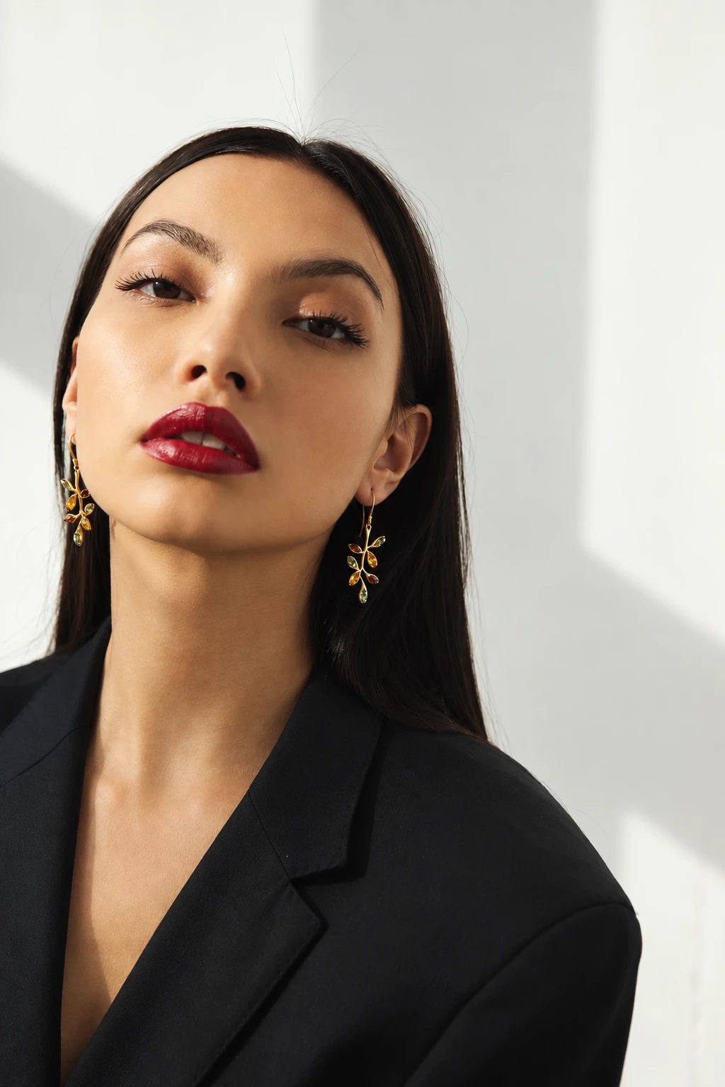 Leaf gold earrings L, Gold-plated, Amber, Amber earrings