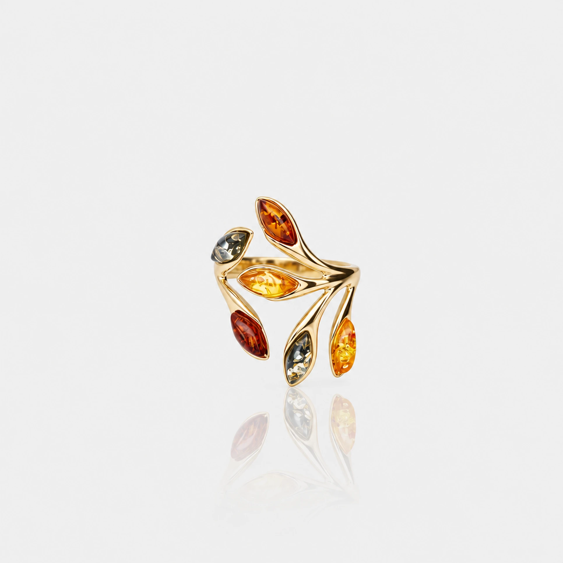 Blatt Ring in Gold mit Bernstein