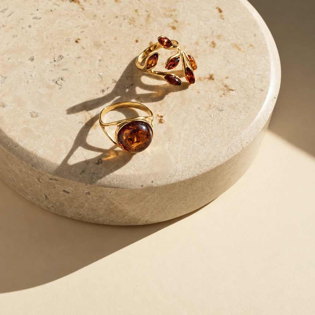 Leaf gold ring with cognac amber, Gold-plated, Amber, Amber rings