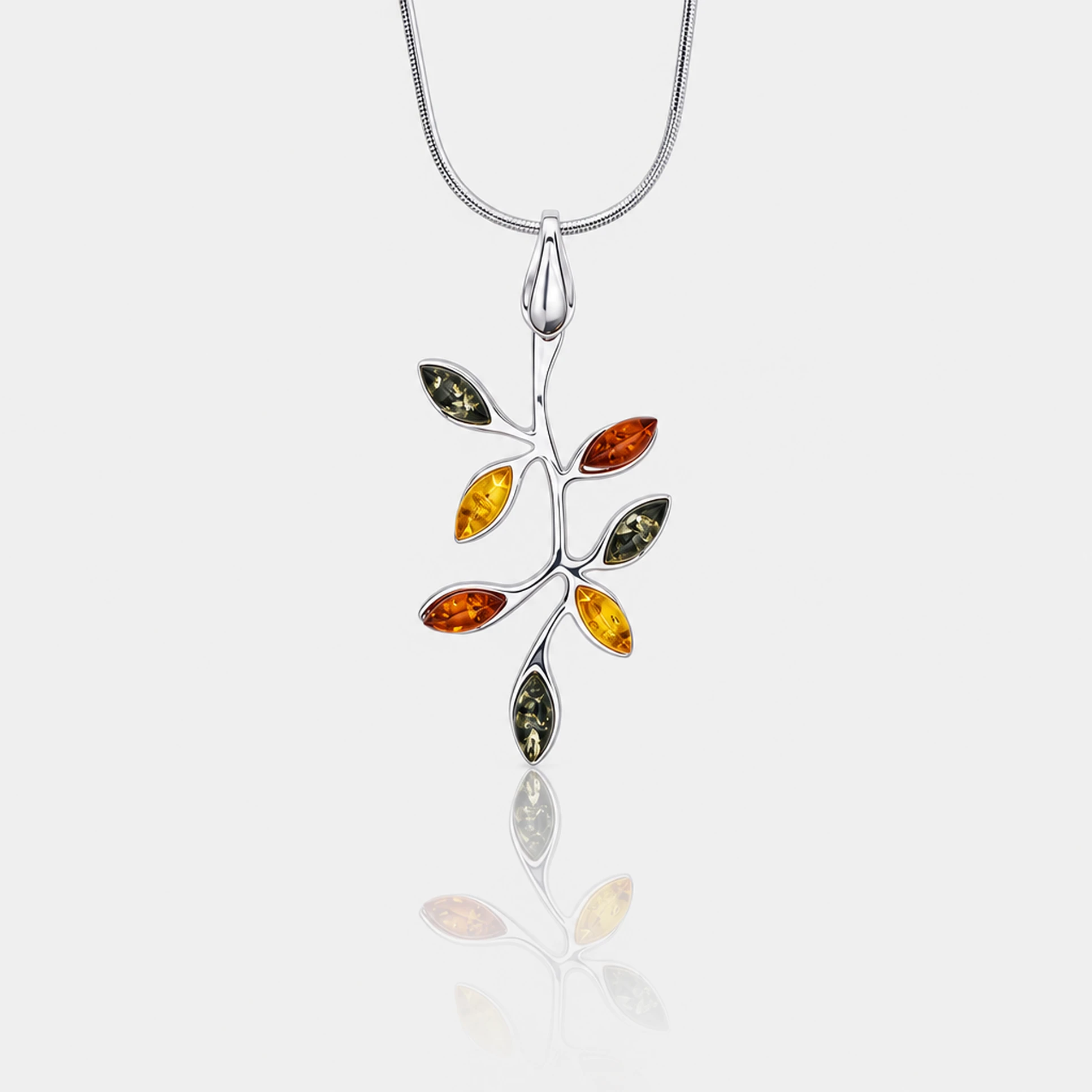 Leaf silver necklace L, Silver, Amber, Amber necklaces