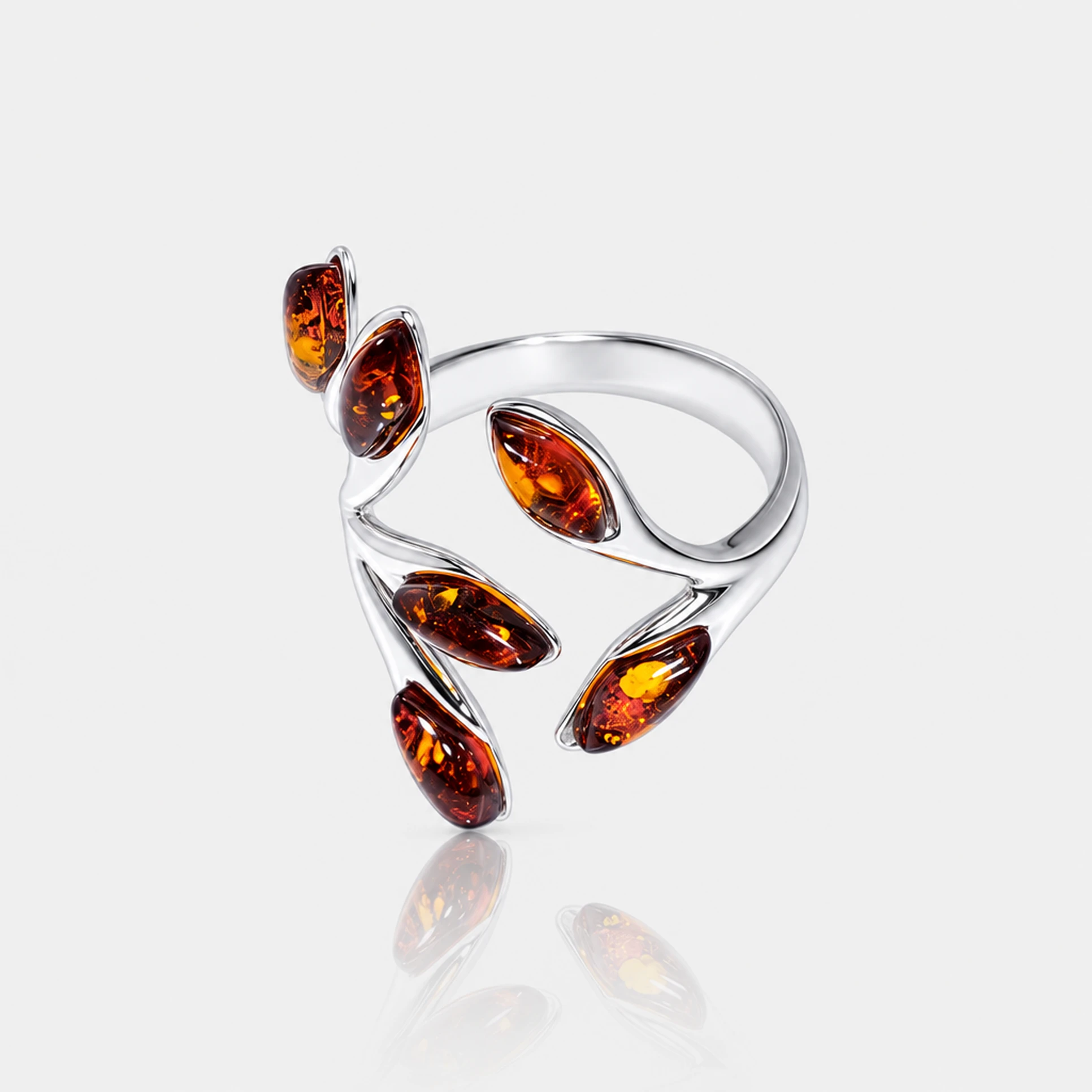 Blatt Silberring mit cognacfarbenem Bernstein