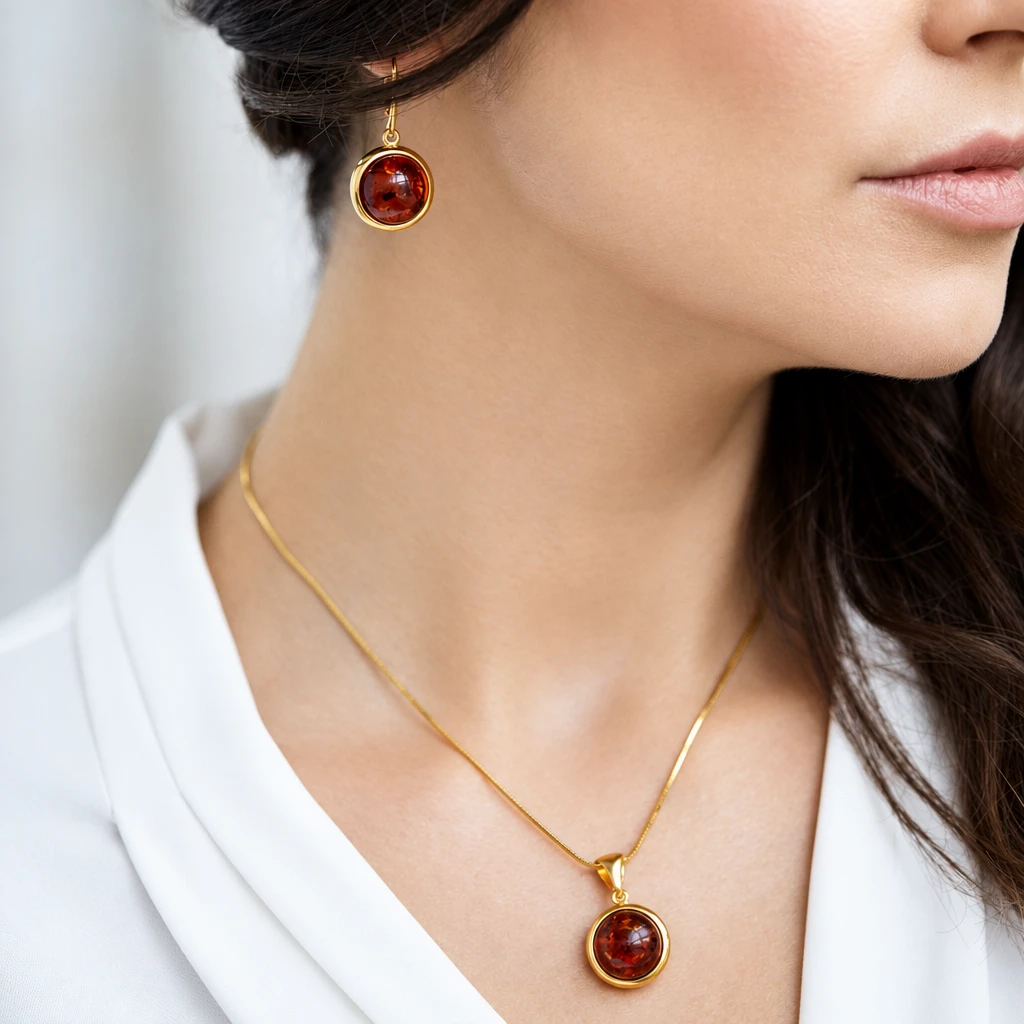 Luna earrings in gold with amber, Gold-plated, Amber, Amber earrings