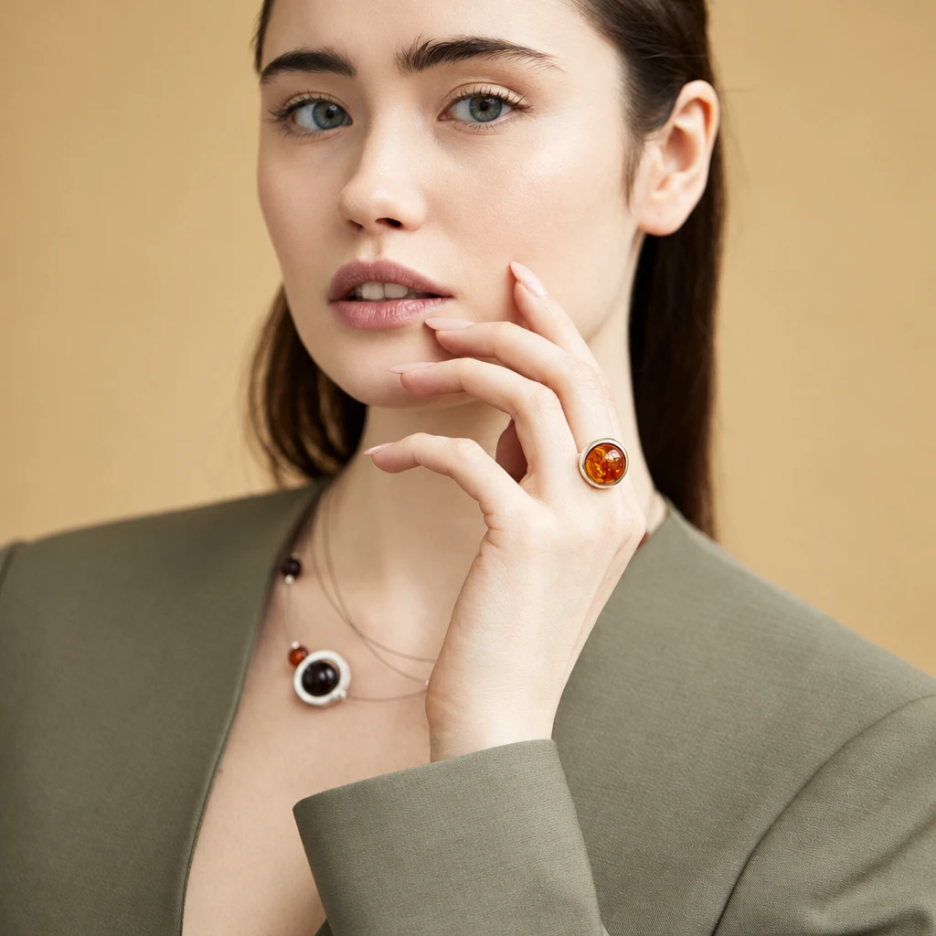 Luna ring in silver with amber, Silver, Amber, Amber rings