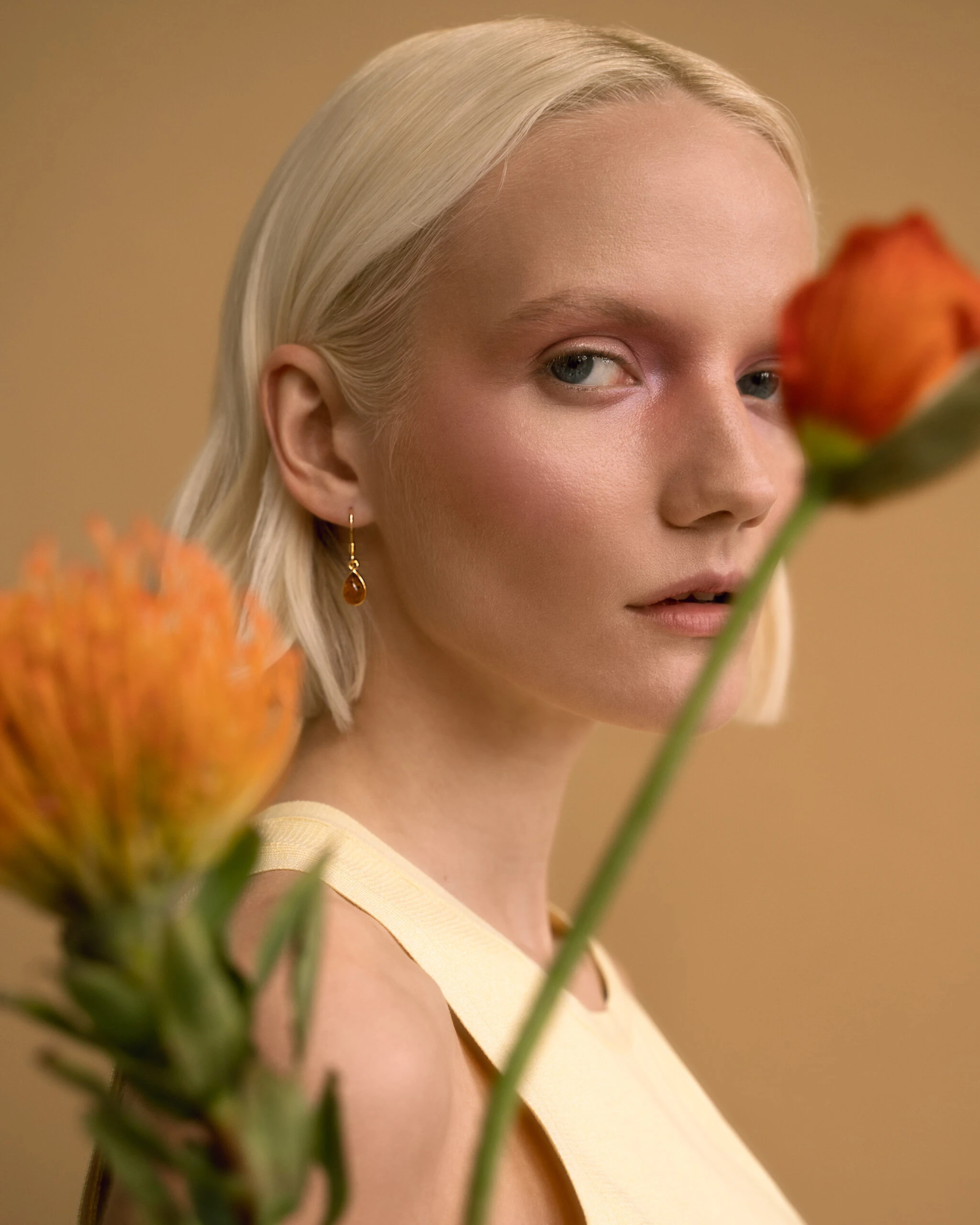 Merci gold earrings with cognac amber