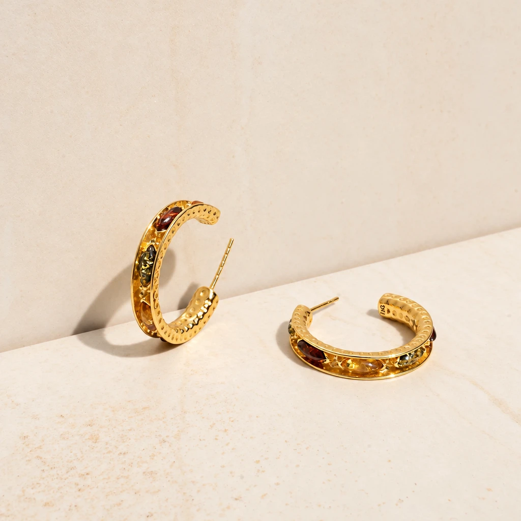 Naomi hoop earrings, Gold-plated, Amber, Amber earrings