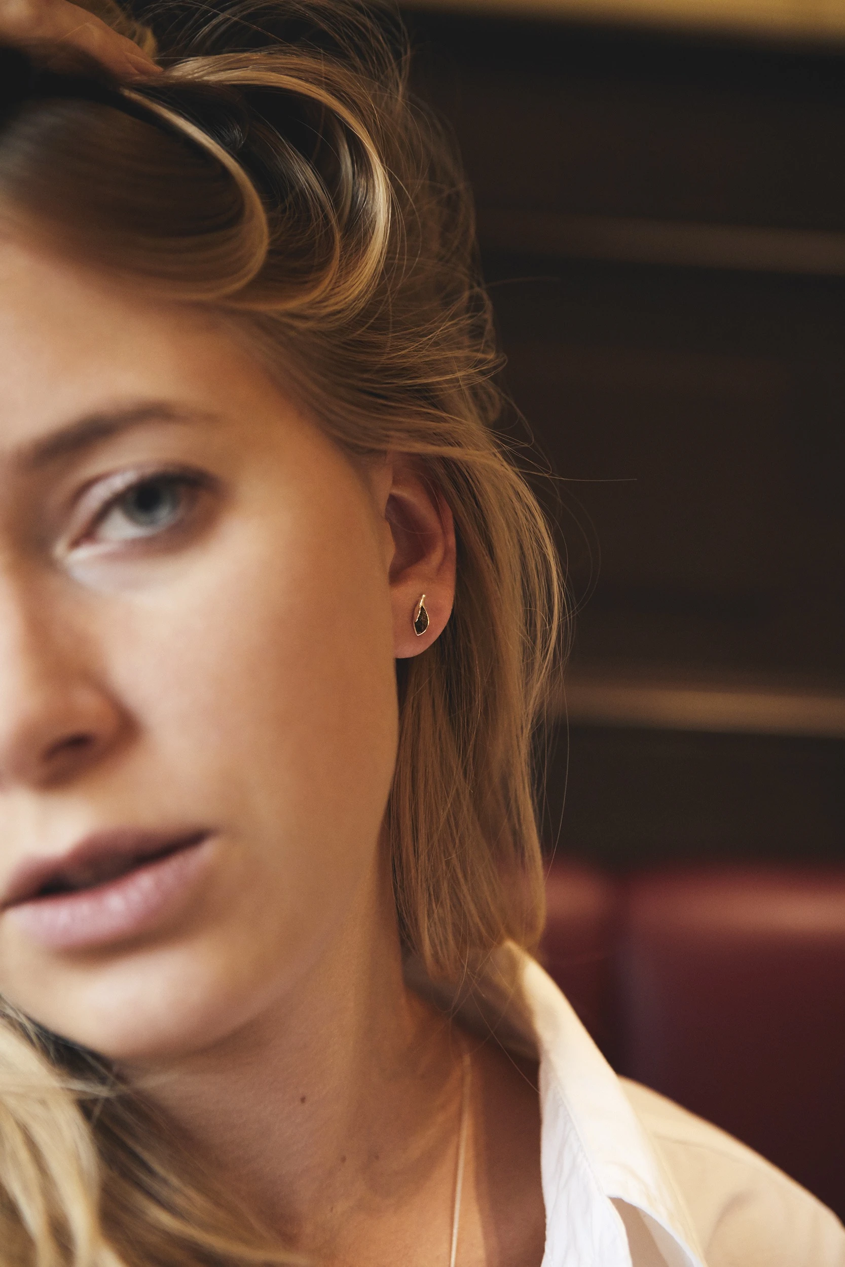 Thumbnail of Petite leaf stud earrings with green amber