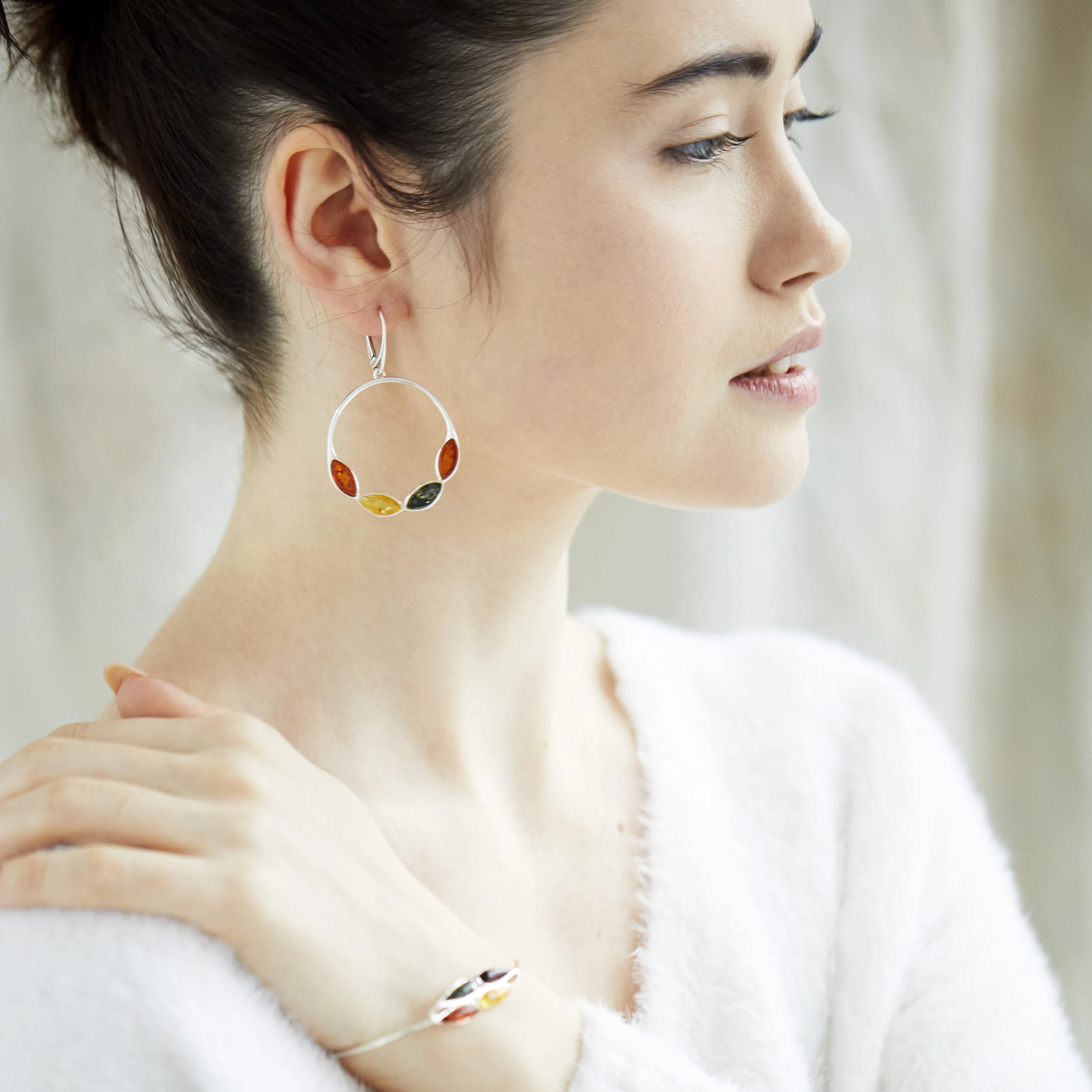 Thumbnail of Silver hanging earrings with multi-coloured amber