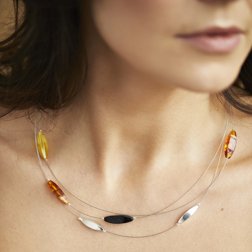 Silver necklace with mixed Baltic amber
