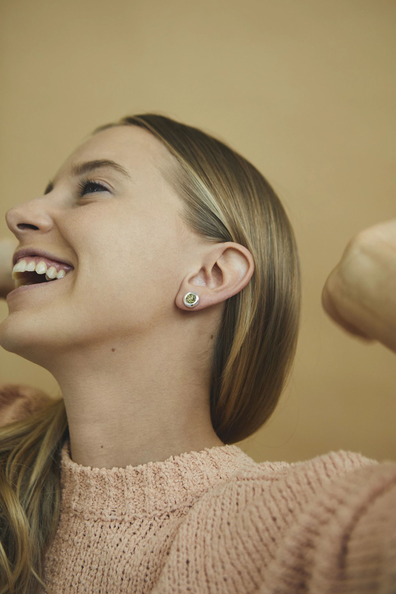Thumbnail of Silver stud earrings with green Baltic amber