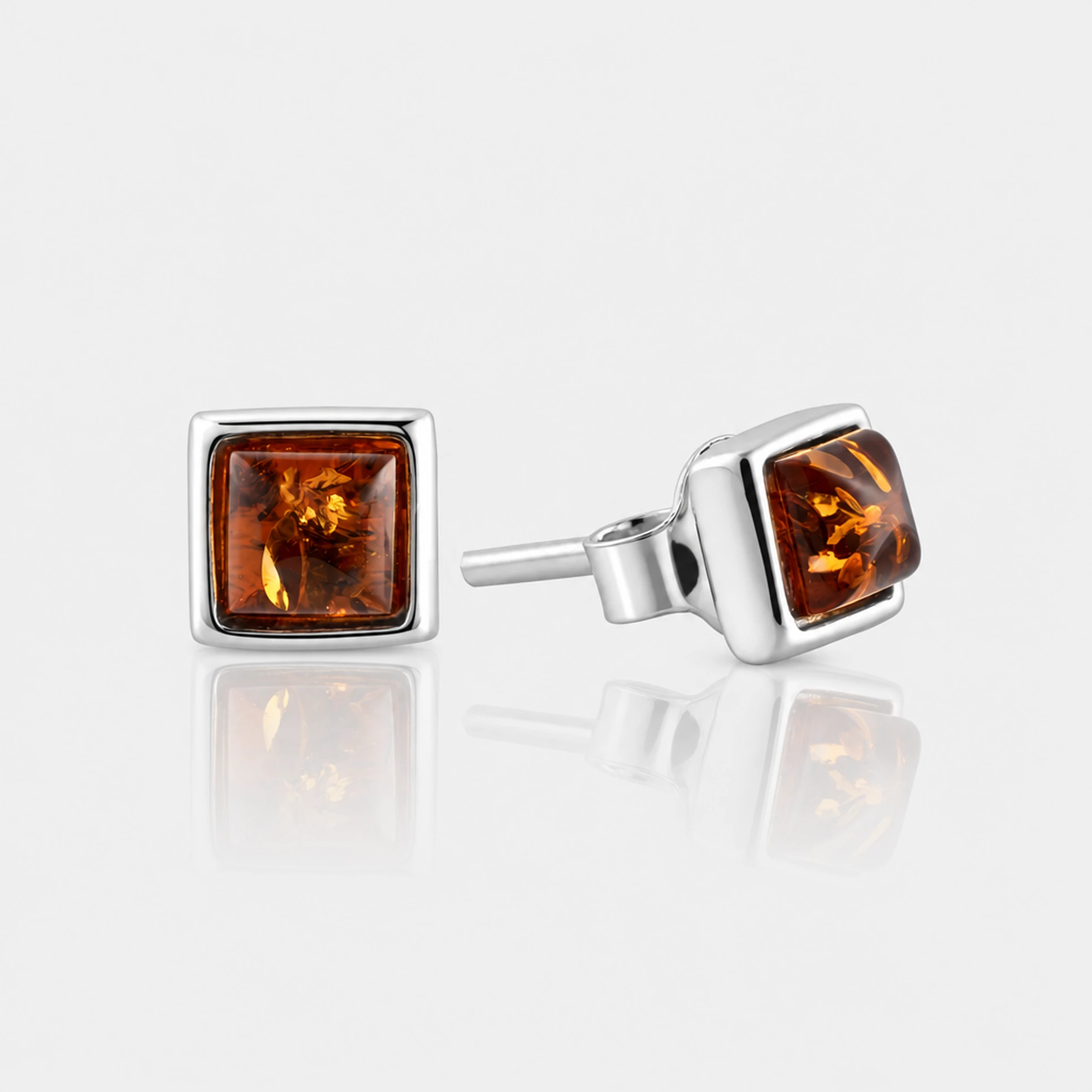 Square, petite silver earrings with cognac amber, Silver, Amber, Amber earrings