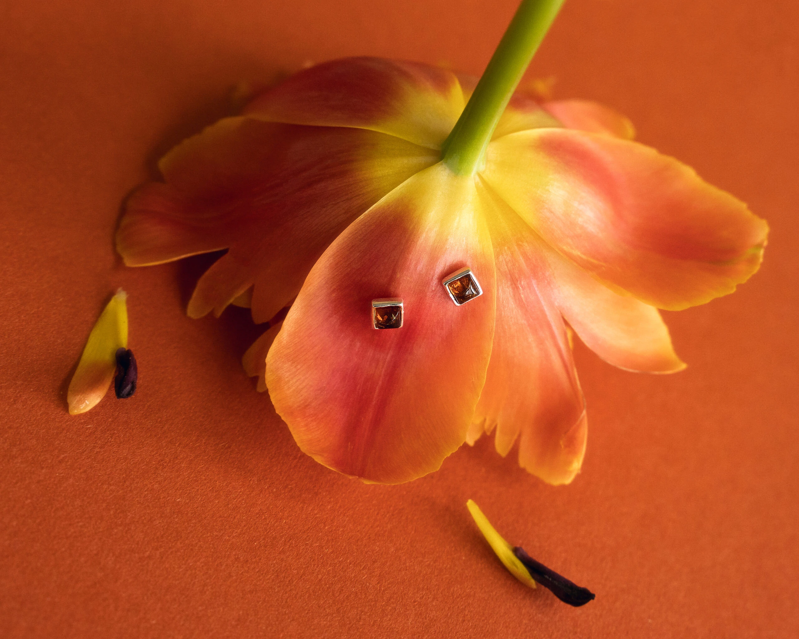 Square, petite silver earrings with cognac amber