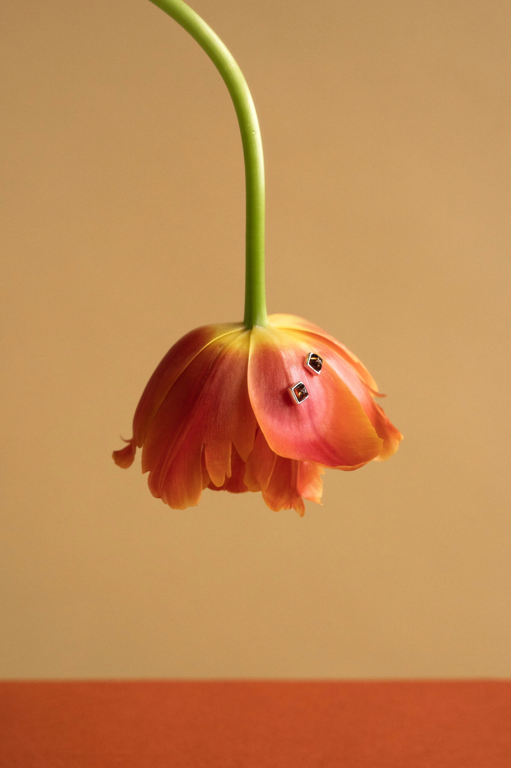 Thumbnail of Square, petite silver earrings with cognac amber