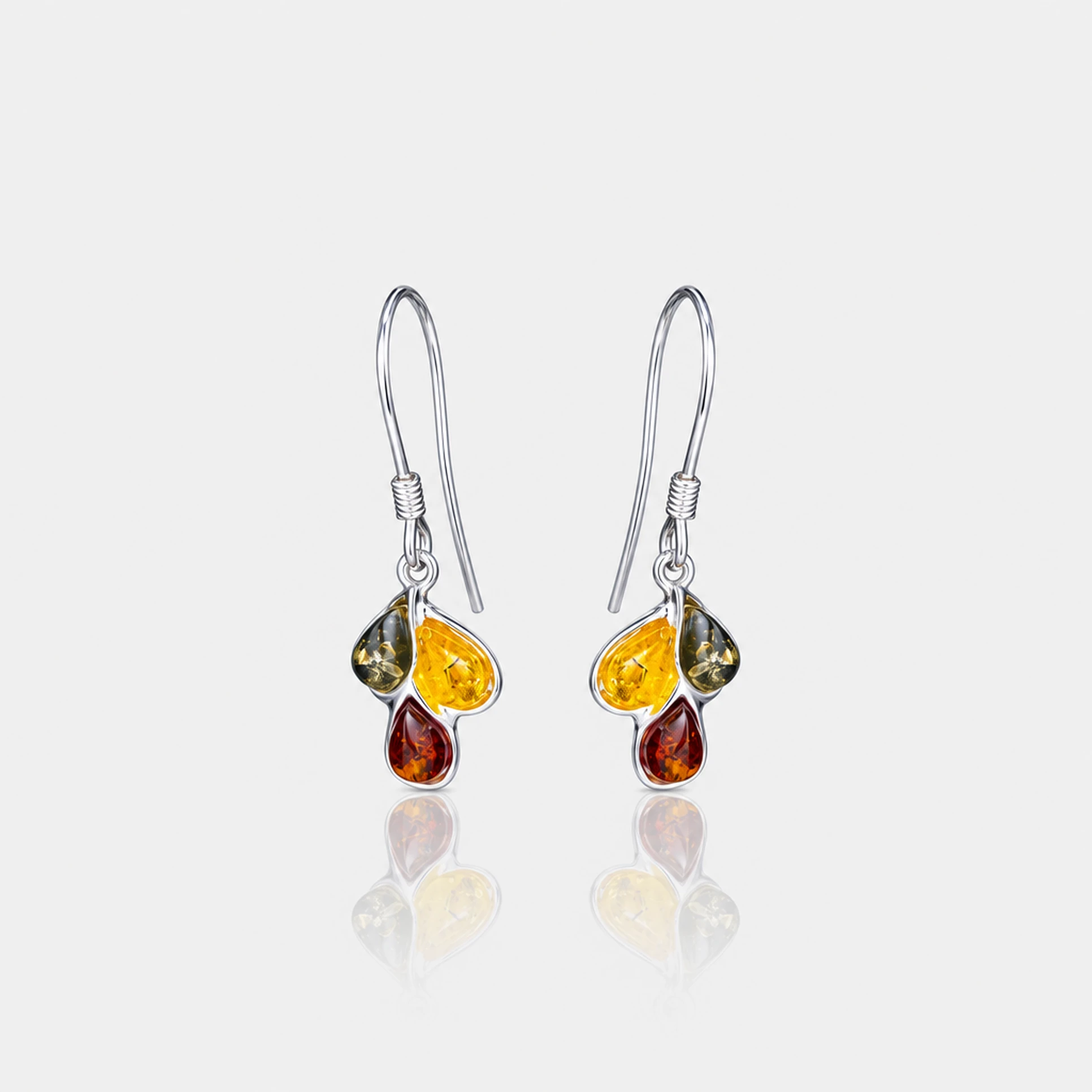 Trio silver dangle earrings, Silver, Amber, Amber earrings