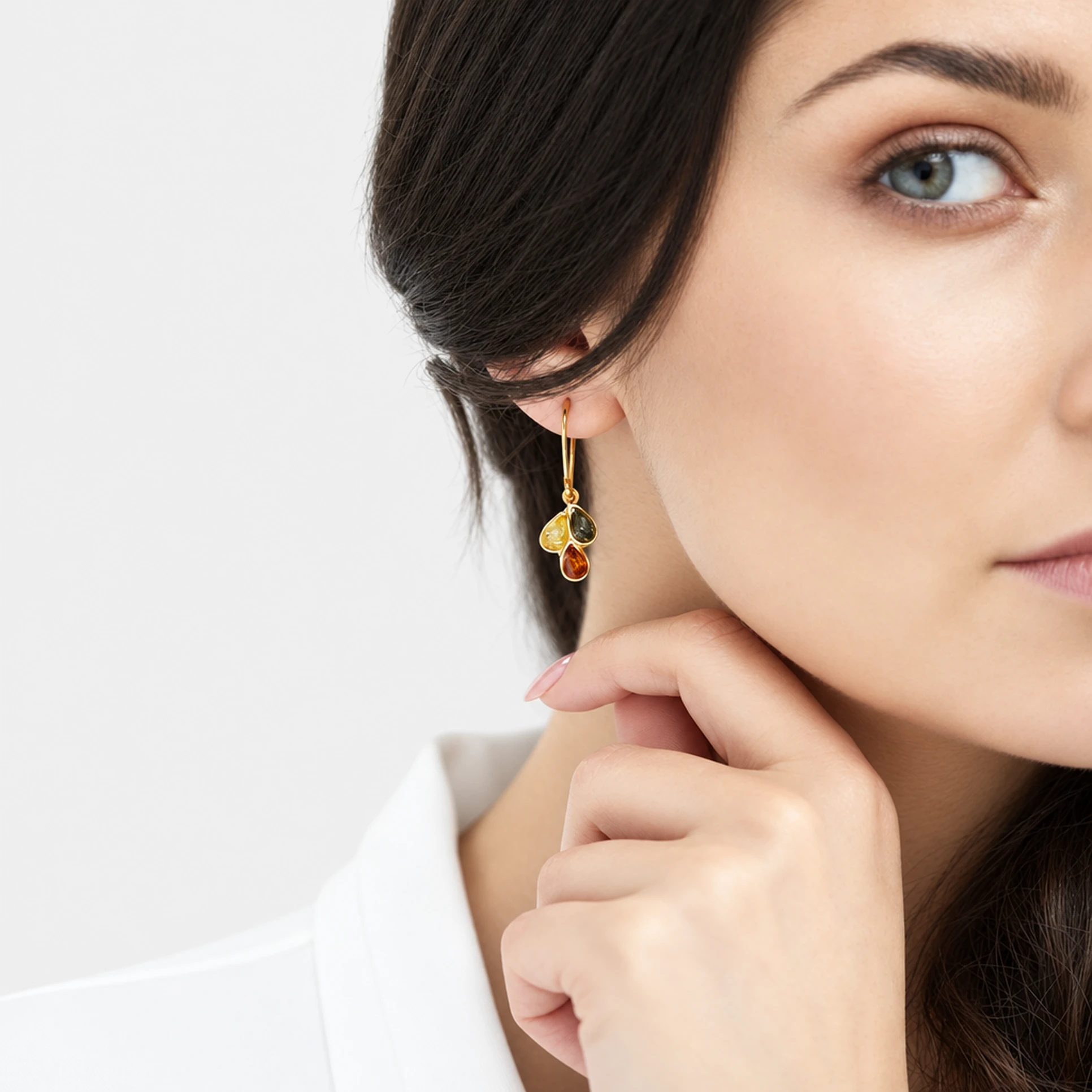 Trio gold dangle earrings, Gold-plated, Amber, Amber earrings