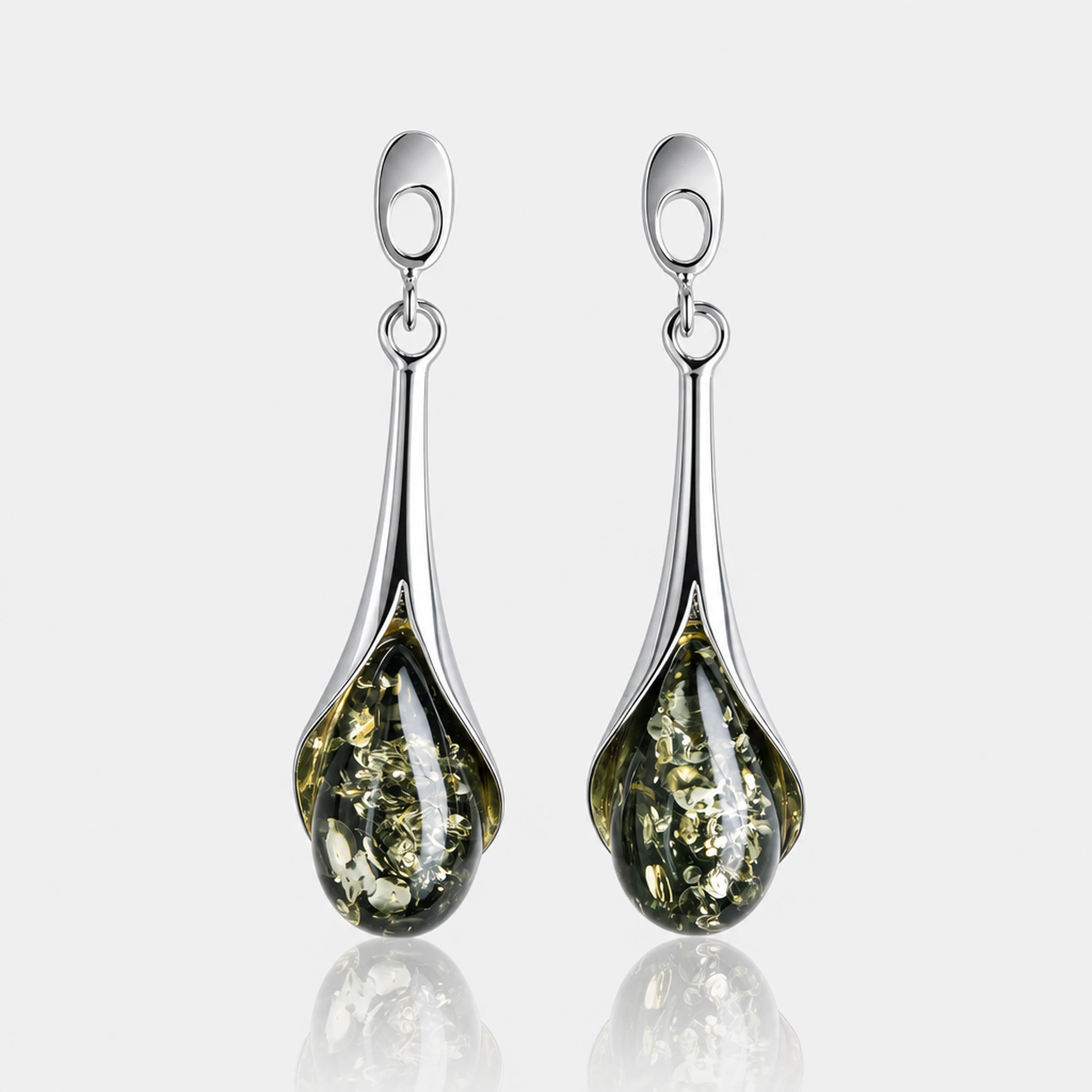 Victoria earrings in silver with green amber, Silver, Amber, Amber earrings