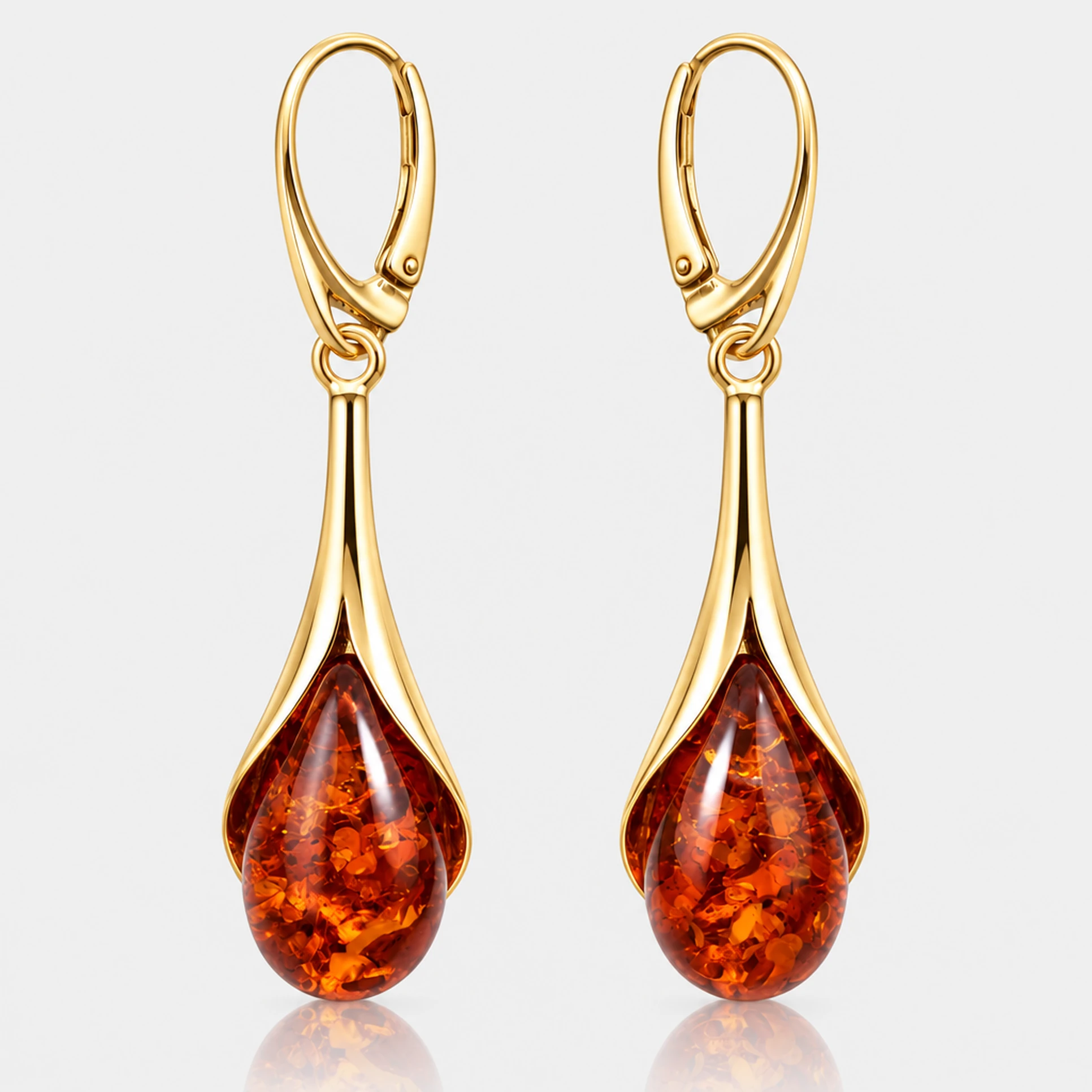 Victoria earrings in gold with cognac amber, Gold-plated, Amber, Amber earrings