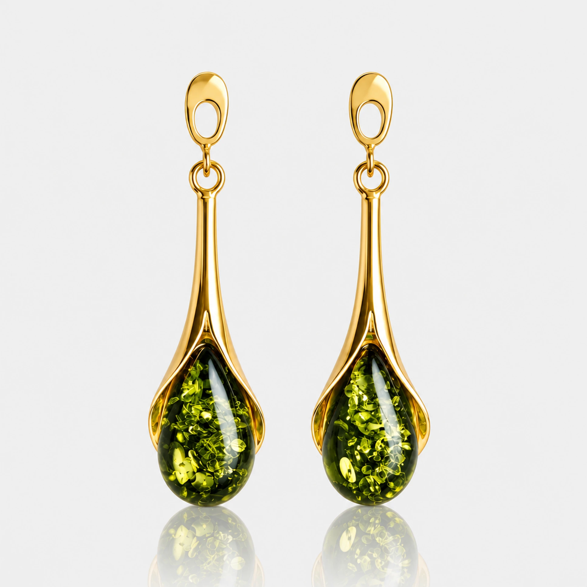 Victoria earrings in gold with green amber, Gold-plated, Amber, Amber earrings