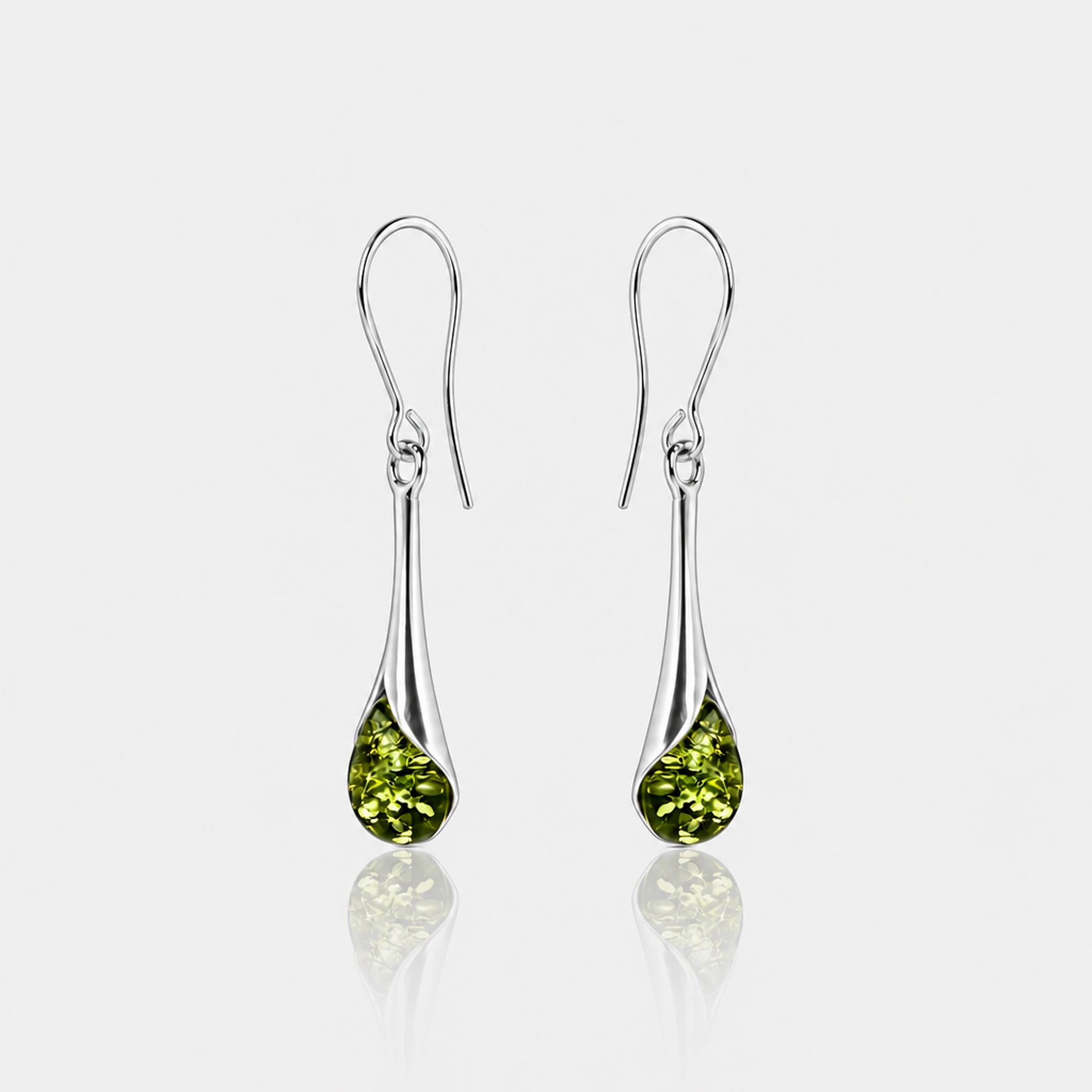 Victoria earrings in silver with green amber, Silver, Amber, Amber earrings