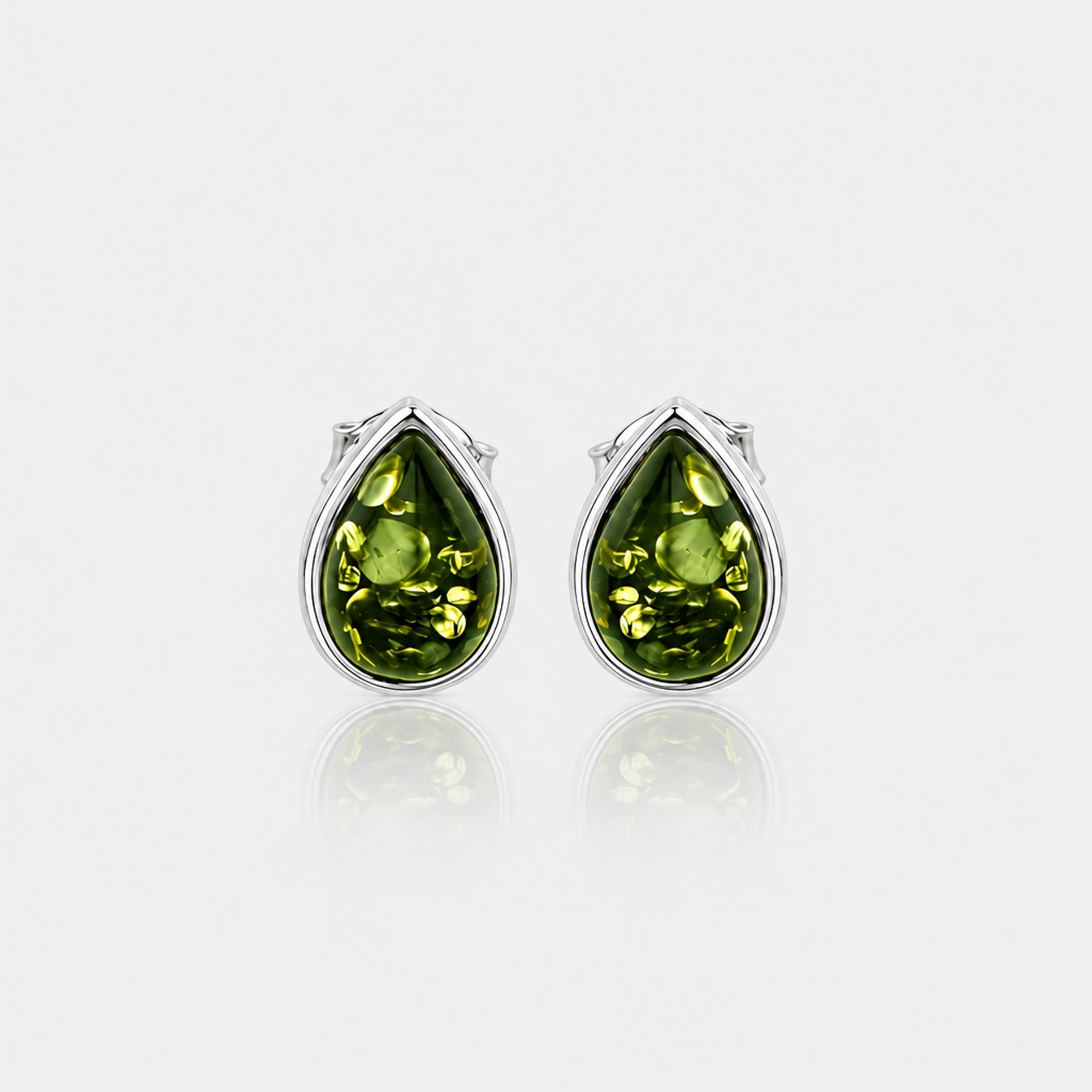 Victoria silver stud earrings with green amber, Silver, Amber, Amber earrings