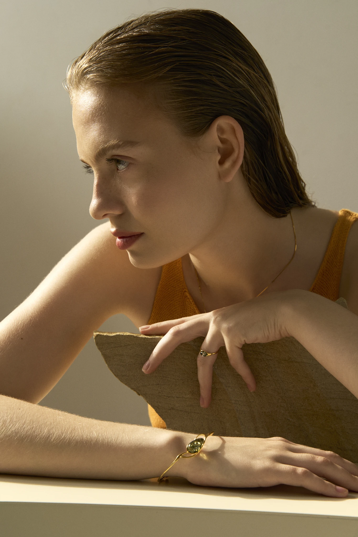 Thumbnail of Victoria cuff bracelet with green amber.