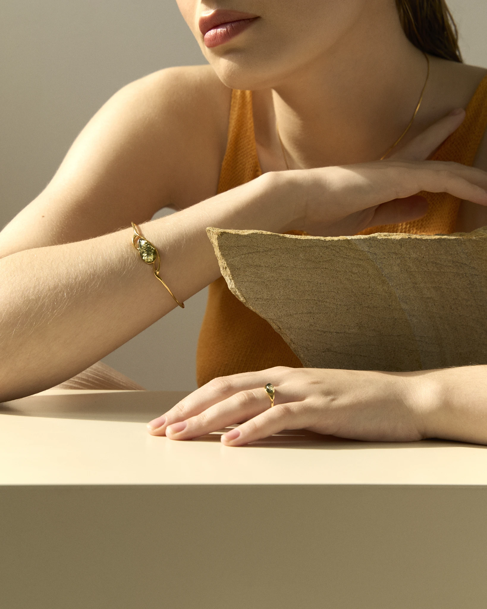 Victoria cuff bracelet with green amber.