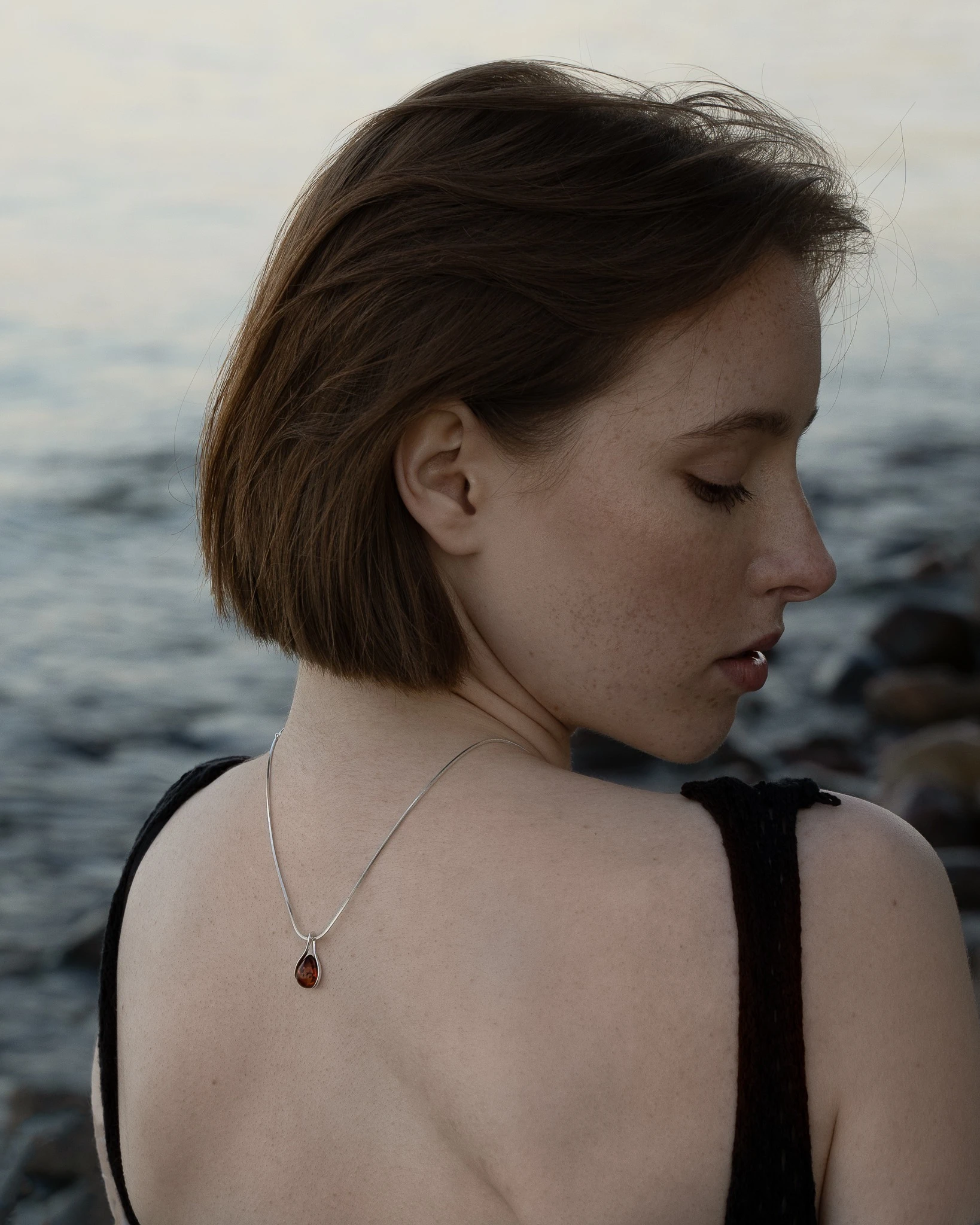 Thumbnail of Victoria silver necklace with cognac amber