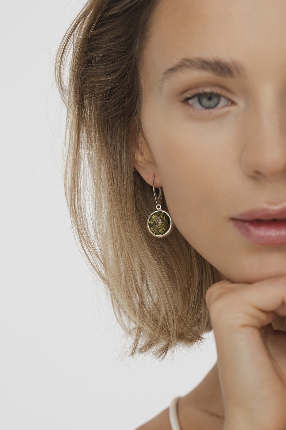 Thumbnail of Luna silver earrings with green amber
