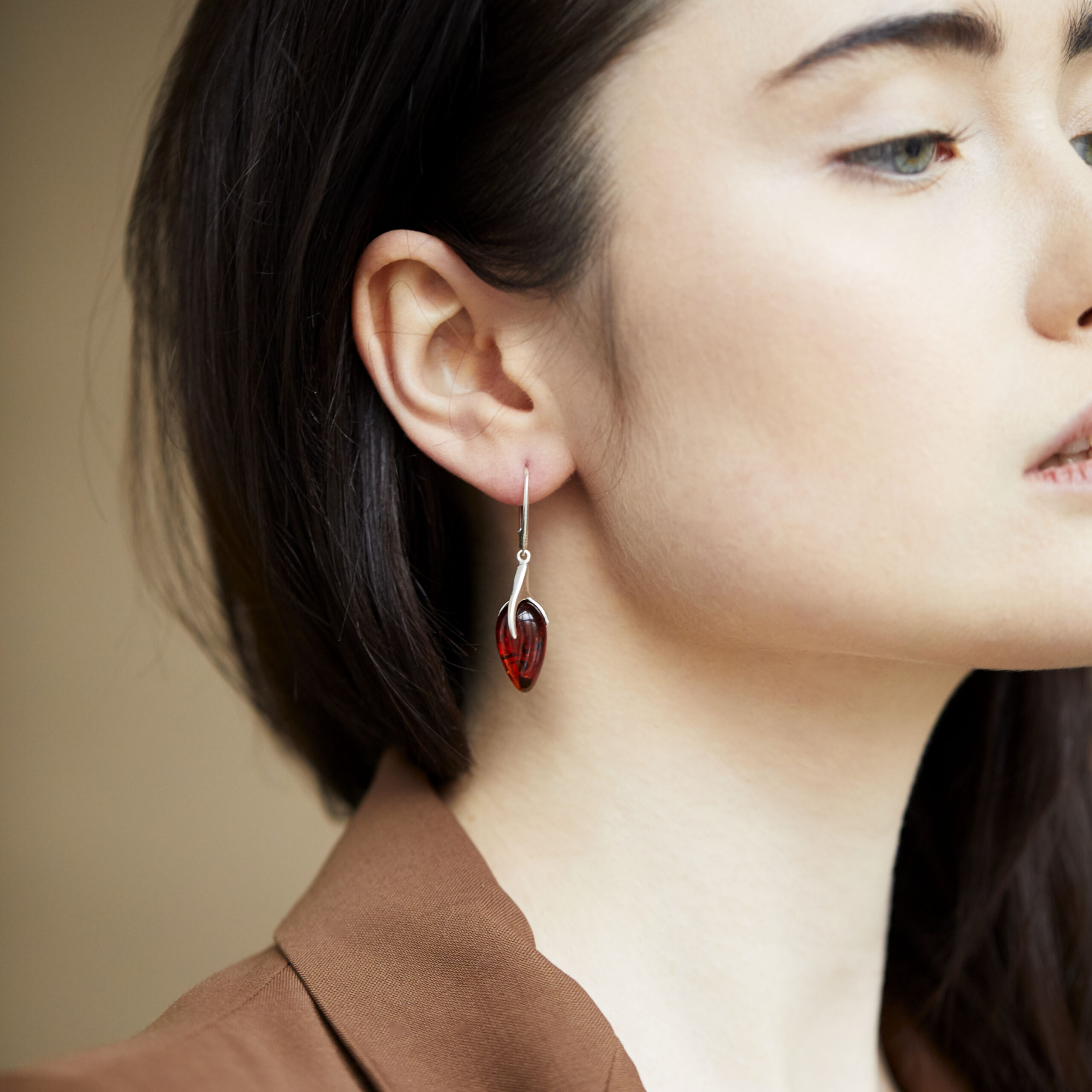 Penelope silver earrings with cognac amber